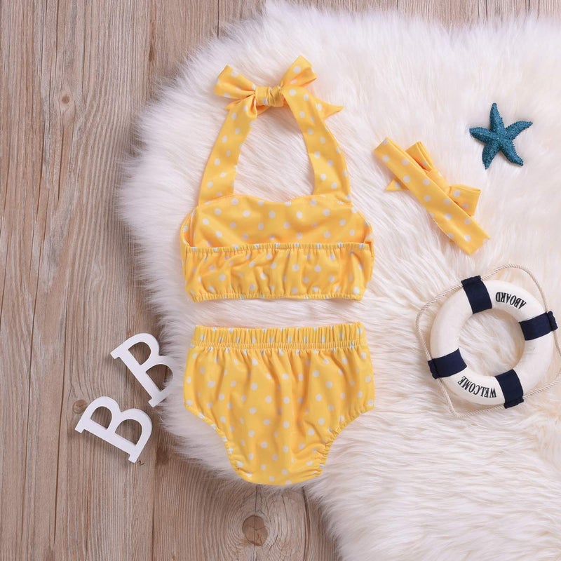 Aalizzwell Baby Girl Bikini,Kids Toddler Polka Dot Swimsuits Halter Swimwear Bikinis Set with Headband (Yellow, 3-6 Months) - Image 4